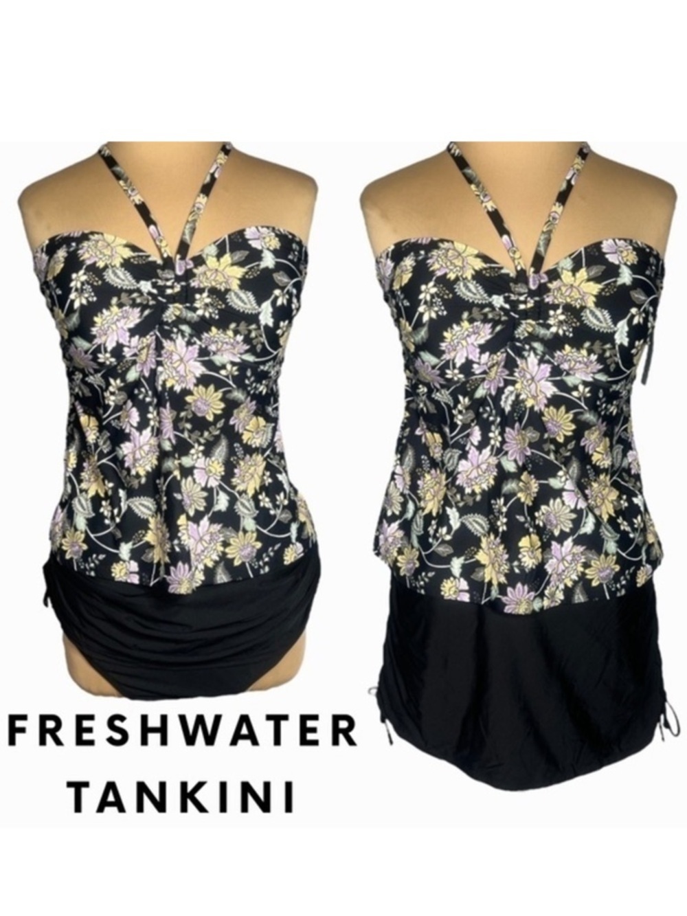 Freshwater black floral halter tankini with adjustable skirted bottoms